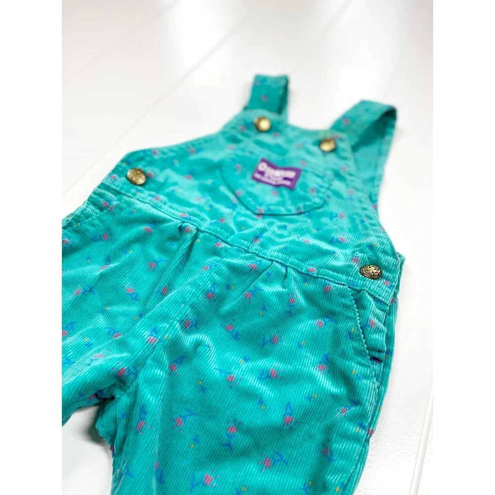 Vintage Oshkosh BGosh Teal Floral Corduroy Footie Overalls,‎ Size 6-9 Months